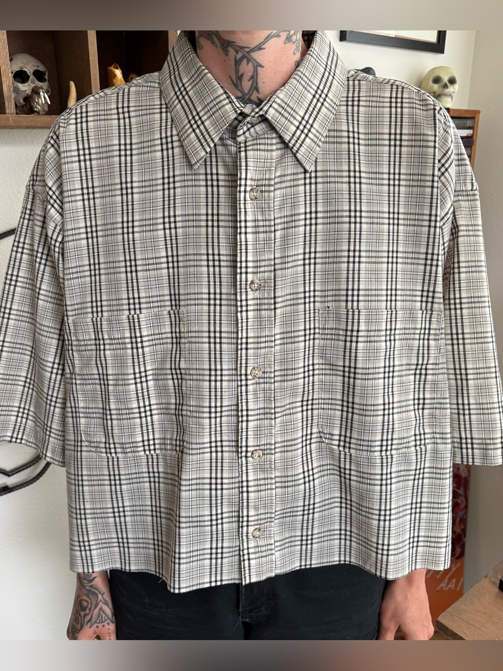 Vintage 80s Cropped Boxy Plaid S/S Button Down Shirt ~ Size 2XL